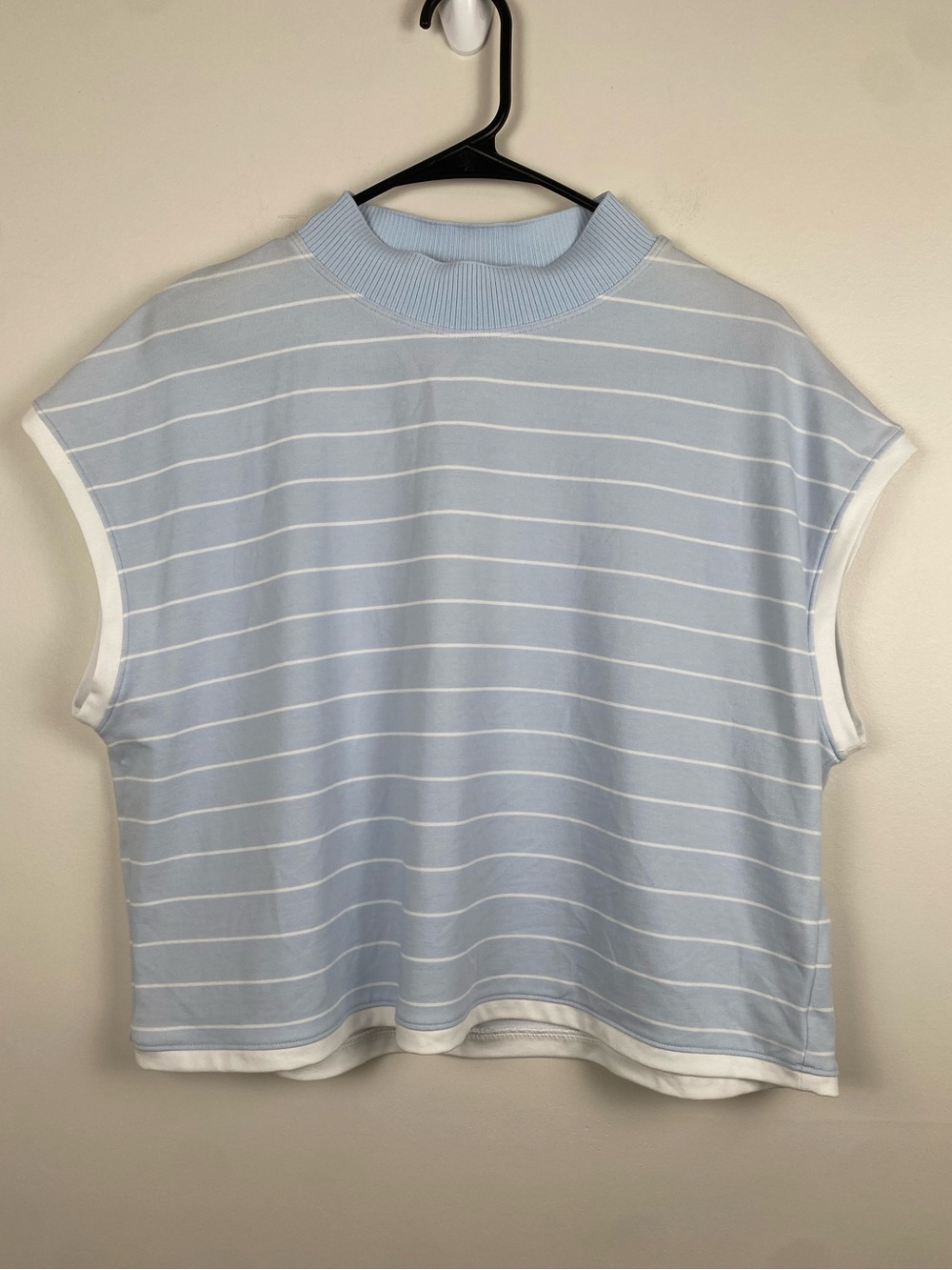 NWT Calia Mock Neck Ribbed Crop Light Blue Striped Sleeveless Top XL